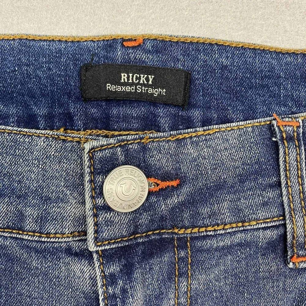 True Religion Jeans Mens 36x34 Blue Denim Pants Ricky Relaxed Straight Flap